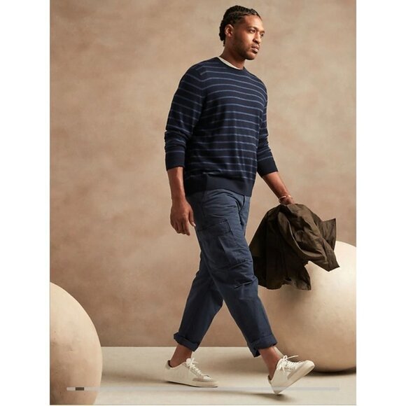 Banana Republic X Baruffa Italian Merino Wool Navy Gray Striped Sweater Size L - Picture 2 of 8